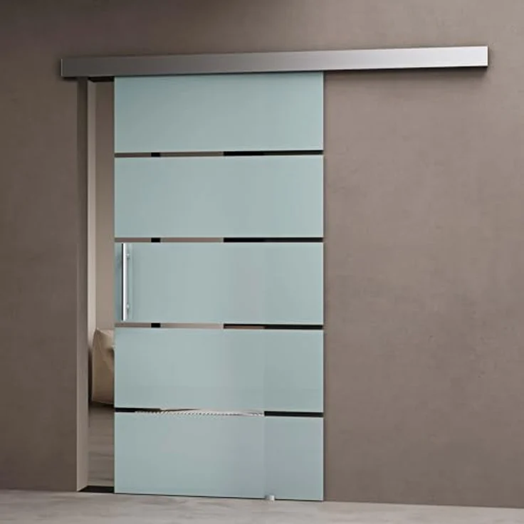 doporro Glasschiebetür Amalfi TS13H-900 90 x 215 cm | ESG-Sicherheitsglas 8mm satiniert | 5 Milchglas-Streifen | Stangengriff | Aluminumschiene | Edelstahl | 15mm Wandabstand – Bild 3