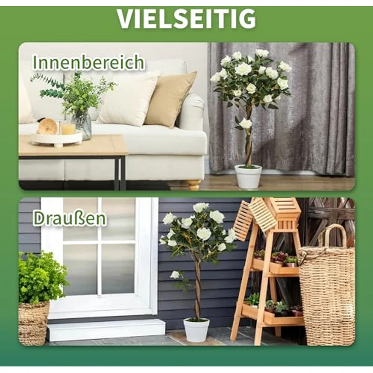 Outsunny Künstliche Rosenpflanzen, 90 cm Kunstpflanze mit UV-Schutz im Topf, lebensecht für Wohnzimmer und Büro – Bild 3