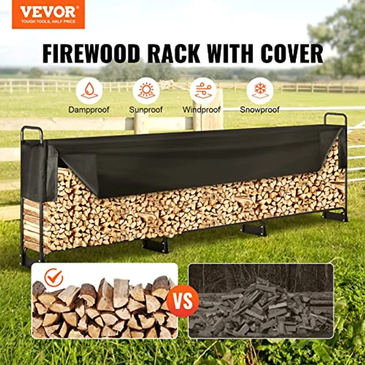VEVOR Kaminholzregal Metall, 386x36x117cm, pulverbeschichteter Stahlrahmen, 400kg Tragkraft, wasserdichte Abdeckung, belüftetes Design, ideal für Garten und Terrasse – Bild 2