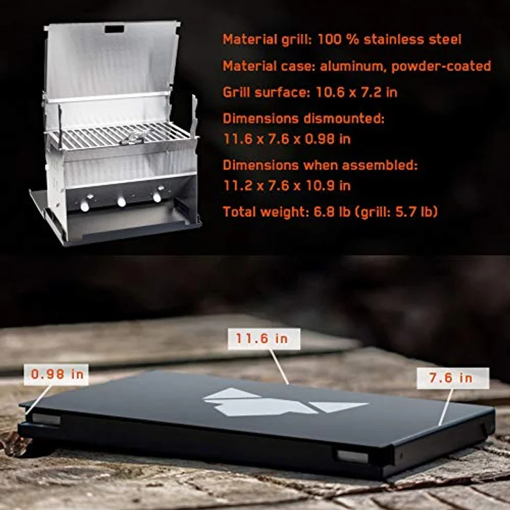 FENNEK - Outdoor Holzkohlegrill - Edelstahl - zerlegbar - Holzkohlegrillfläche 27 x 18,3cm klein, 3,1 kg – Bild 6