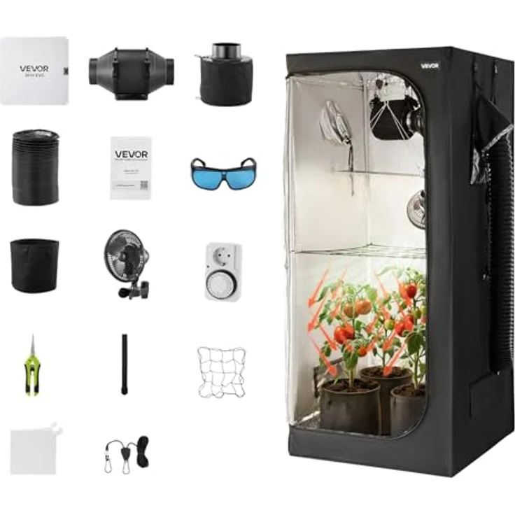 VEVOR Growzelt ORGTK8080180, 80x80x180 cm, Indoor-Pflanzenzelt mit 150 W Vollspektrum-LED-Zuchtlicht und Belüftungssystem, 600D hochreflektierendes Mylar, Gewächshaus für Blumen & Gemüse, Schwarz – Bild 1