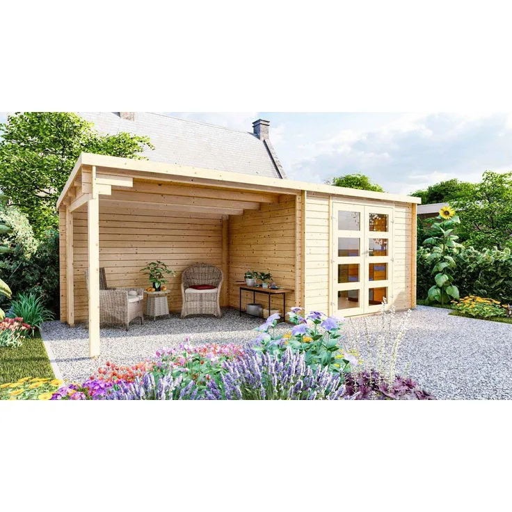 Finn Art Blockhaus Gartenhaus Funny 4 Holzhaus Blockbohlenhaus, BxT: 298x240 cm, mit Anbau, nordisches Nadelholz, 28 mm Blockbohlen