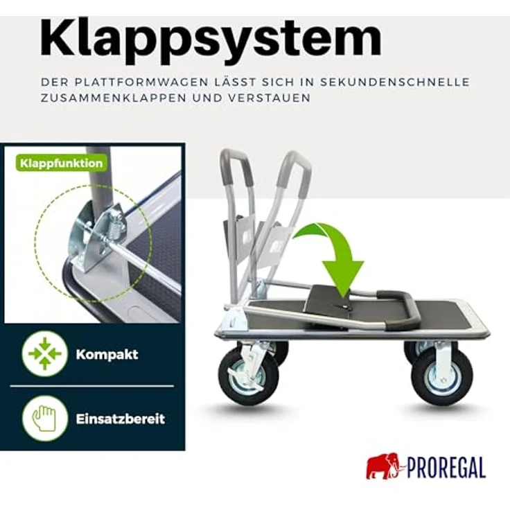 PROREGAL® Transportwagen RHINO 300, Klappbarer Profi-Transportwagen mit 2x 360° Lenkrollen, 2x Bockrollen & Feststellbremse, Traglast bis 300 kg, rutschfeste Ladefläche 78x60 cm – Bild 5