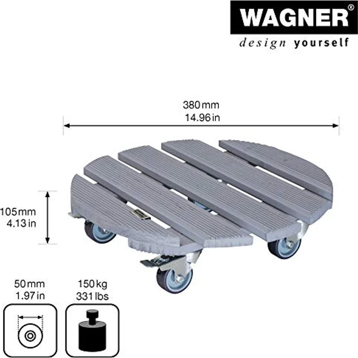 WAGNER Pflanzenroller CREO Ø 38 cm I Pflanzenroller & Blumenroller für Außenbereich + Innenbereich, grau I Kübelroller aus Holz mit 2 Total-Feststellern I Tragkraft 200 kg I Made in EU ?20086301 – Bild 4