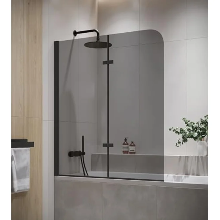 Badplaats B.V. Badewanne Austin Schwarz, 120 x 140 cm, Duschwand mit 5mm Sicherheitsglas und Nanobeschichtung, drehbares Aluminiumprofil – Bild 1