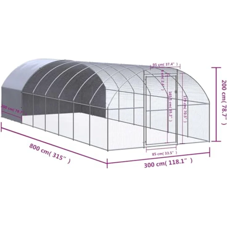 vidaXL Hühnerstall, Outdoor-Hühnerstall aus verzinktem Stahl, 3x8x2 m, wasserfestes Dach, Silber/Silbergrau – Bild 3