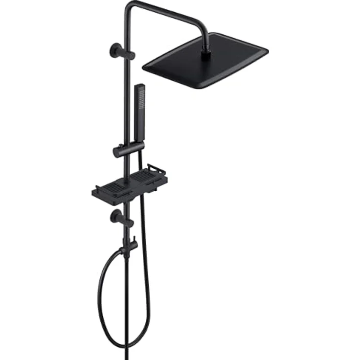 Görbach Regendusche Duschsystem, wassersparende Kopfbrause 35x25 cm, schwarz, Edelstahl mit Handbrause und flexibler Duschstange – Bild 1