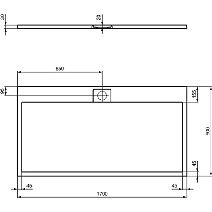 Ideal Standard Ultra Flat S i.life Duschwanne 170 x 90 aus Kunstharz, rutschfest in Sand, mattes Finish, versteckter Ablauf – Bild 2