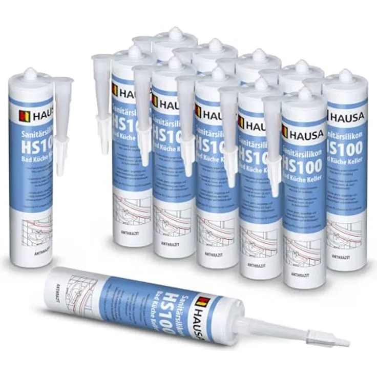 HAUSA Sanitär-Silikon HS100, hochelastische Fugendichtmasse anthrazit, 12x 310ml, schimmelresistent und wasserdicht für Bad, Dusche und Küche