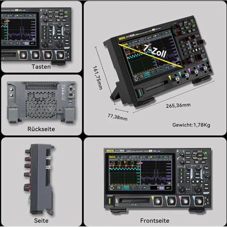 RIGOL DHO924 Tragbares digitales Oszilloskop, 250 MHz Bandbreite, 4 analoge und 16 digitale Kanäle, 12 Bit Auflösung, Bode-Plot-Analyse, 7 Zoll HD-Touchscreen – Bild 4