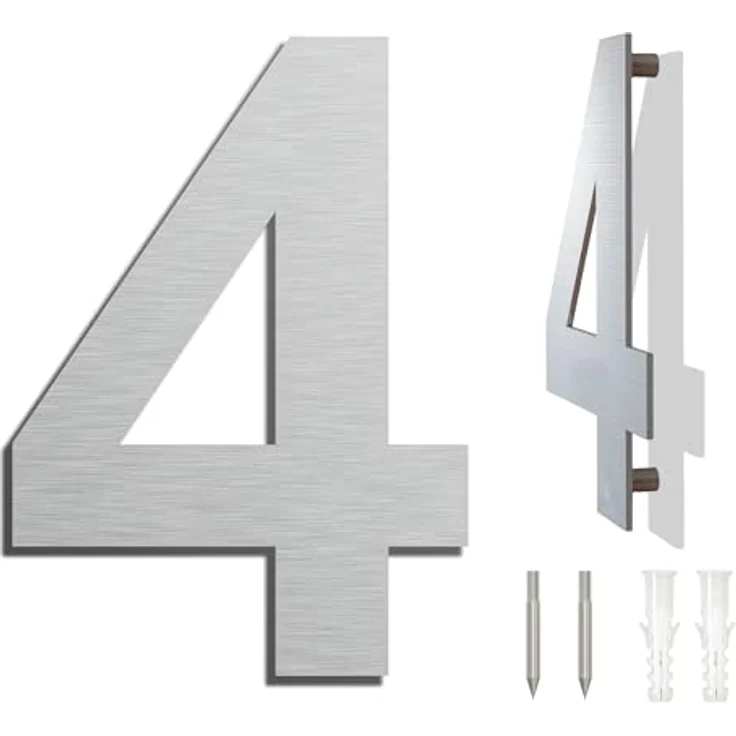 Ywonoby Edelstahl Hausnummer 4, Wetterfest und Pflegeleicht, Metallic Mattes Silber, Höhe 102 mm, Moderner Schwebender Aussehen – Bild 1