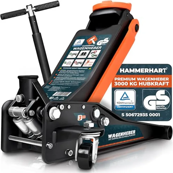 HAMMERHART Hydraulischer Wagenheber 3T, Premium Rangierwagenheber TÜV geprüft mit 75-500mm Hubhöhe, flach mit 360° Rollen & Doppelkolben, inkl. Gummiauflage und T-Griff