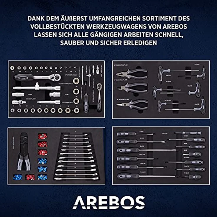 Arebos Werkstattwagen 5 Fächer, Werkzeugwagen, Rollwagen, 4 Schubladen bestückt mit 81-tlg. Werkzeug, Stauraum, Stahlkonstruktion - Arebos Werkzeugwagen 4 Schubladen, Anthrazit – Bild 5
