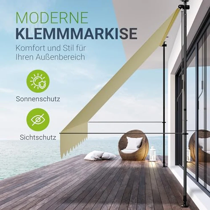 Juskys Klemmmarkise Kapstadt 350x120 cm - Höhenverstellbar & UV-beständig - Wetterfest & Sichtschutz Beige – Bild 2