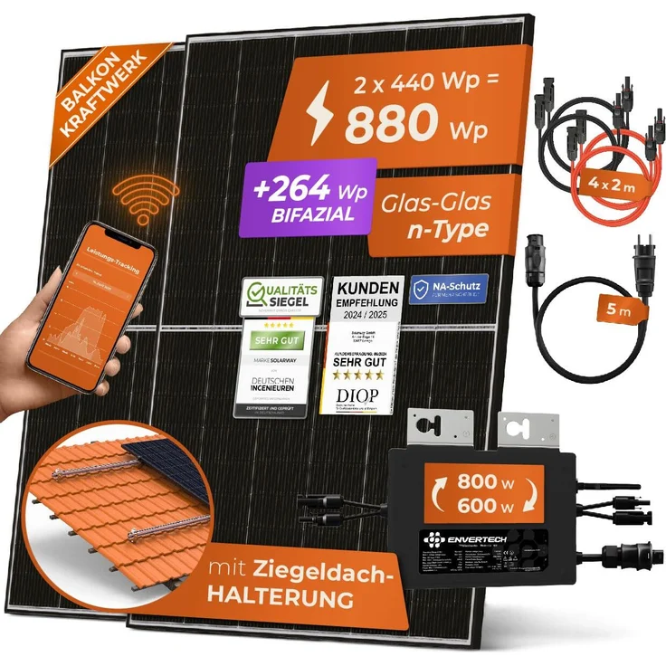 Solarway® 880W Balkonkraftwerk 800W mit Envertech Wechselrichter - 440W bifaziale Solarmodule & Ziegeldach – Bild 1