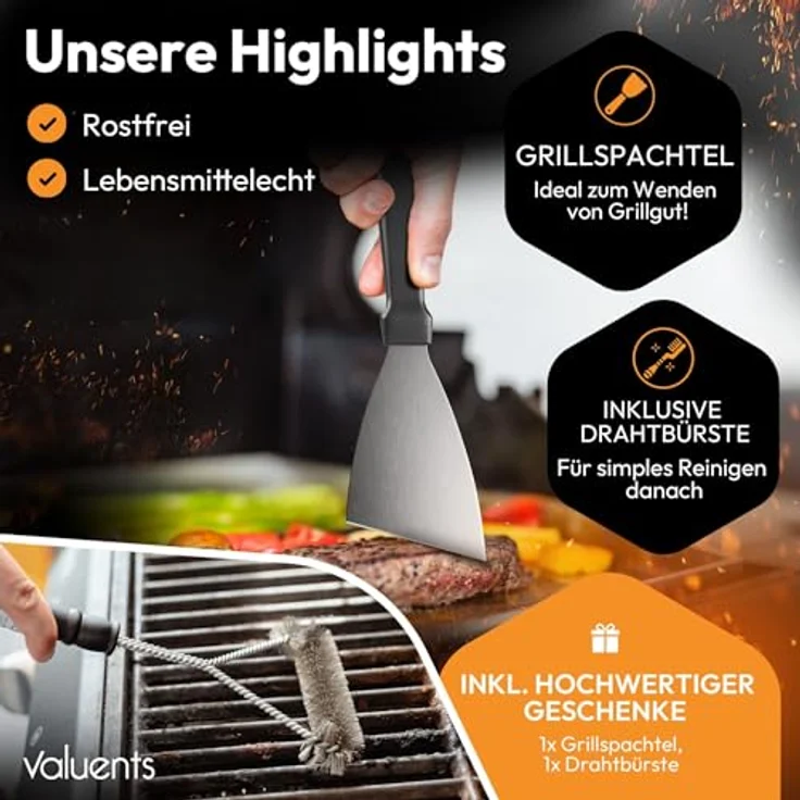 valuents® Grillplatte - Plancha Grill Platte, rostfreier Edelstahl 40 x 30 cm, für BBQ Gasgrill & Kohlegrill geeignet, inklusive Reinigungsbürste & Grillspachtel – Bild 5