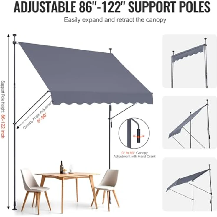 VEVOR Klemmmarkise 250 x 120 cm, Balkonmarkise mit Handkurbel, wasserdicht und höhenverstellbar, Grau – Bild 4