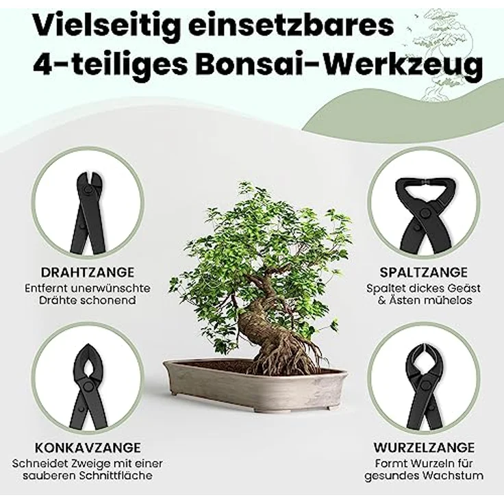 HappySeed Gartenschere Bonsai Werkzeug-Set Profi 4-teilig aus Stahl mit praktischer Tasche, grün – Bild 5