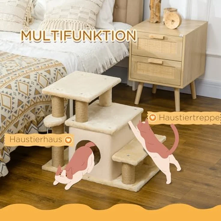 PawHut Haustiertreppe, 3/4-stufige höhenverstellbare Katzentreppe mit Schlafhöhle 2 in 1 praktische Hunderampe für kleine Hunde und Katzen Einstieghilfe für hohe Betten Sofa Beige 60 x 40 x 66 cm – Bild 4