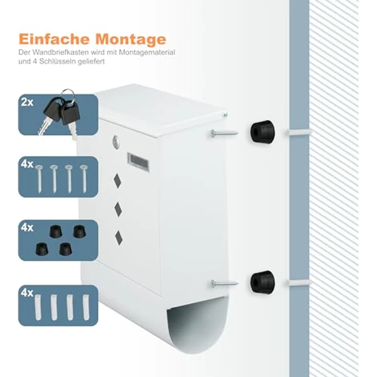 relaxdays Briefkasten mit Zeitungsfach, weiß, modernes Design aus pulverbeschichtetem Eisen, inkl. Zylinderschloss und Sichtfenster – Bild 7