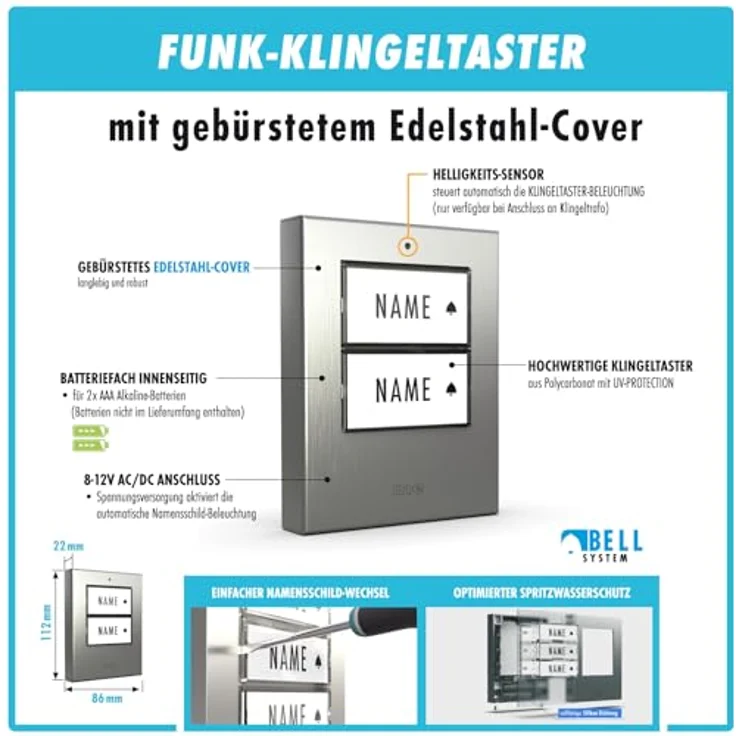 m-e Funkklingel BELL-572, Erweiterbare kabellose Türklingel mit Edelstahl gebürstet, 200m Reichweite, für 2-Familienhaus, 16 Klingeltöne, spritzwassergeschützt IP44 – Bild 5