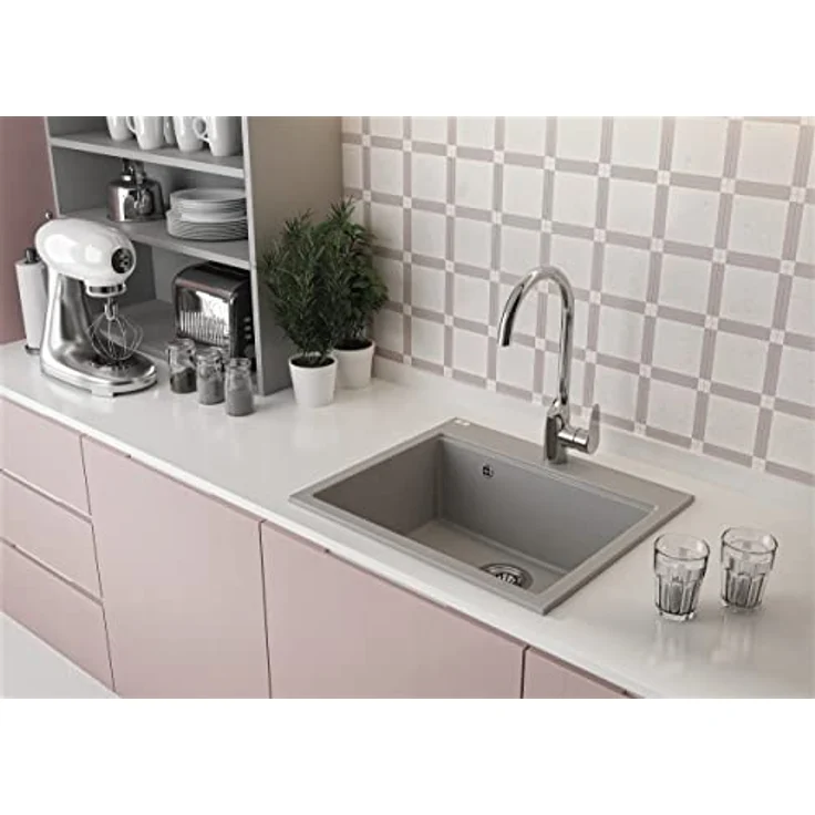KOLMAN Granitspüle Tau Einzelbecken, grau, mit Space Saving Siphon und Überlauf, 50x60 cm, kratzfest und temperaturbeständig – Bild 2