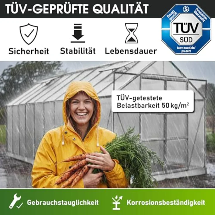 BRAST Gewächshaus Aluminium mit Fundament, 490x250x235cm, TÜV geprüft, rostfrei, wetterfest, temperaturbeständig, 6mm Hohlkammerplatten, Silber – Bild 3