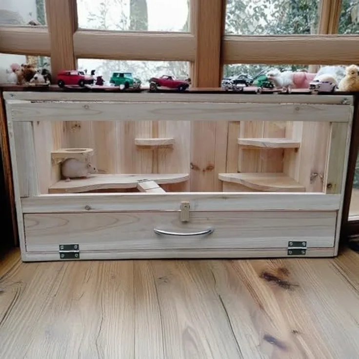 Mucola Hamsterkäfig 60x35x30cm Nagerheim Holzstall mit viel Bewegungsraum, naturfarben