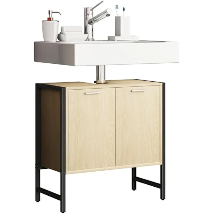 VCM Badmöbel Badunterschrank Waschbeckenunterschrank Badezimmer Holz Metall Edino Drehtüren Honig-Eiche – Bild 3