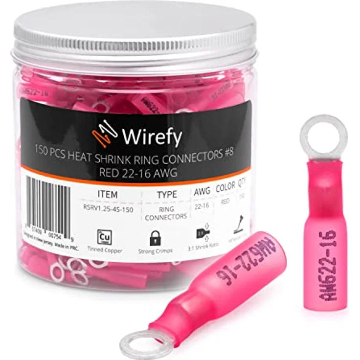 Wirefy Rote Ringkabelschuhe Schrumpfverbinder M4, 150 Stück, Lötfreie Quetschverbinder für 0,5-1,5 mm², hohe Korrosionsbeständigkeit und starke Crimps – Bild 1