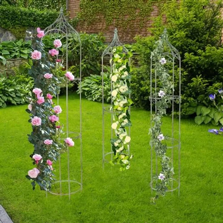 BURI Metall Rankhilfe antik grün 3er-Set Rankgitter Rosensäule Obelisk Spalier Garten