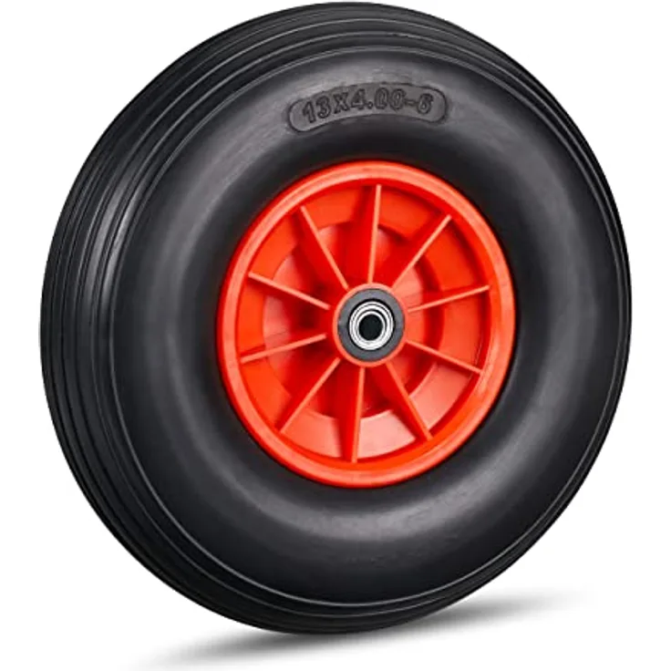 Relaxdays Schubkarrenrad 4.00-6, Vollgummirad mit Kunststofffelge, 3 Adapter, Ersatzrad pannensicher, 100kg, schwarz-rot, 33 x 33 x 9 cm