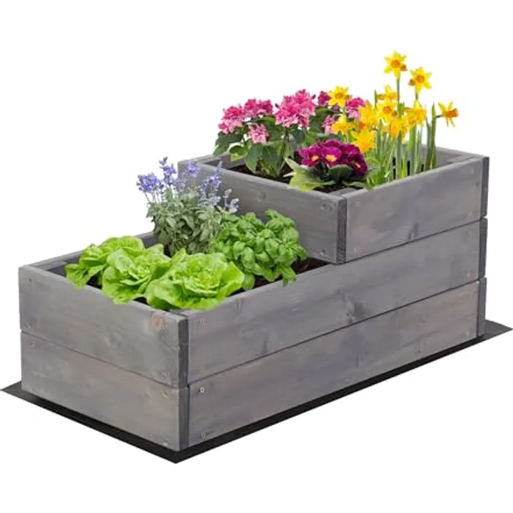 MODO24 Hochbeet Holz, 2-stufiger Pflanzkasten mit Gartenvlies, Abmessungen 27x30x63 cm, Farbe: Grau