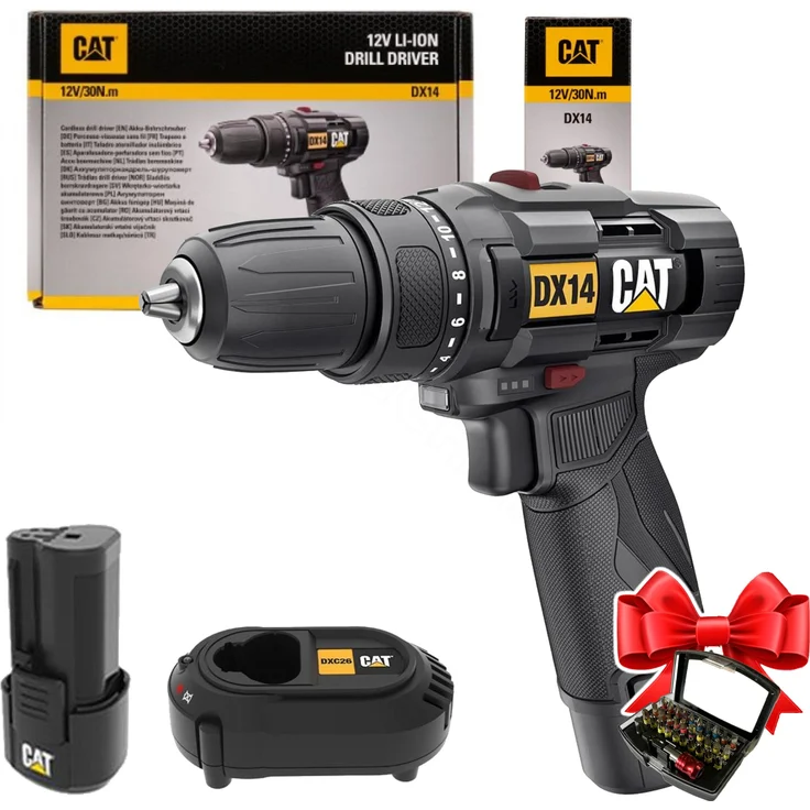 CAT DX14, Handbohrmaschine, Schwarz, 12V, 1500 U/min, max. Drehmoment 30 Nm, Bohrdurchmesser bis 20 mm in Holz, bis 8 mm in Stahl
