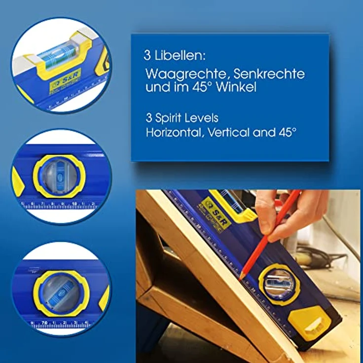 S&R Wasserwaage Aluminium magnetisch mit cm Skala, Genauigkeitsklasse 1, stoßfesten Libellen, 60 cm - Preisvergleich – Bild 5