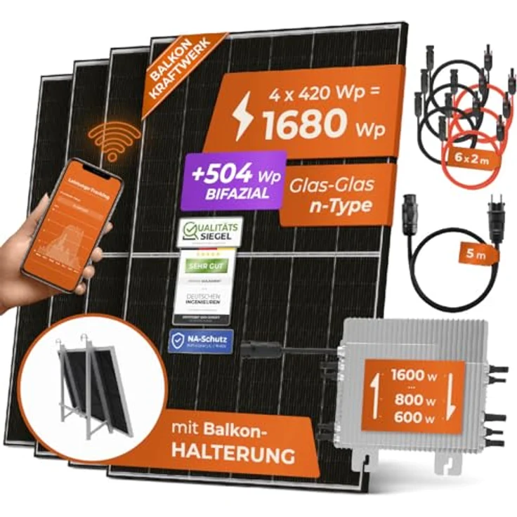 Solarway 1680W Balkonkraftwerk 1600W Komplett Steckdose mit 4x420W Bifaziale Glas/Glas n-Type JaSolar-Module, Wechselrichter mit APP&WiFi – Bild 1
