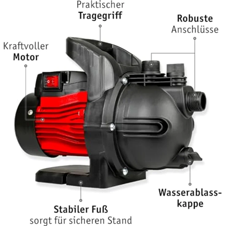 WALTER Gartenpumpe 600 W - Geräuscharmer Hochdruck-Wasserpumpe, 3000 l/h Kapazität, 35 m Förderhöhe - 3,5 bar Druck - Ideal für Pool, Kellerentwässerung & Gartenbewässerung – Bild 2