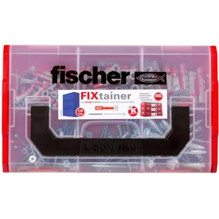 fischer FIXtainer DUOPOWER mit Schraube, Dübelbox mit 210 Dübeln & Schrauben (60 Stk 6x30, 30 Stk 8x40, 15 Stk 10x50) Universaldübel, praktisches Dübelset, Werkzeugkiste mit Tragegriff & Klicksystem - Preisvergleich – Bild 2