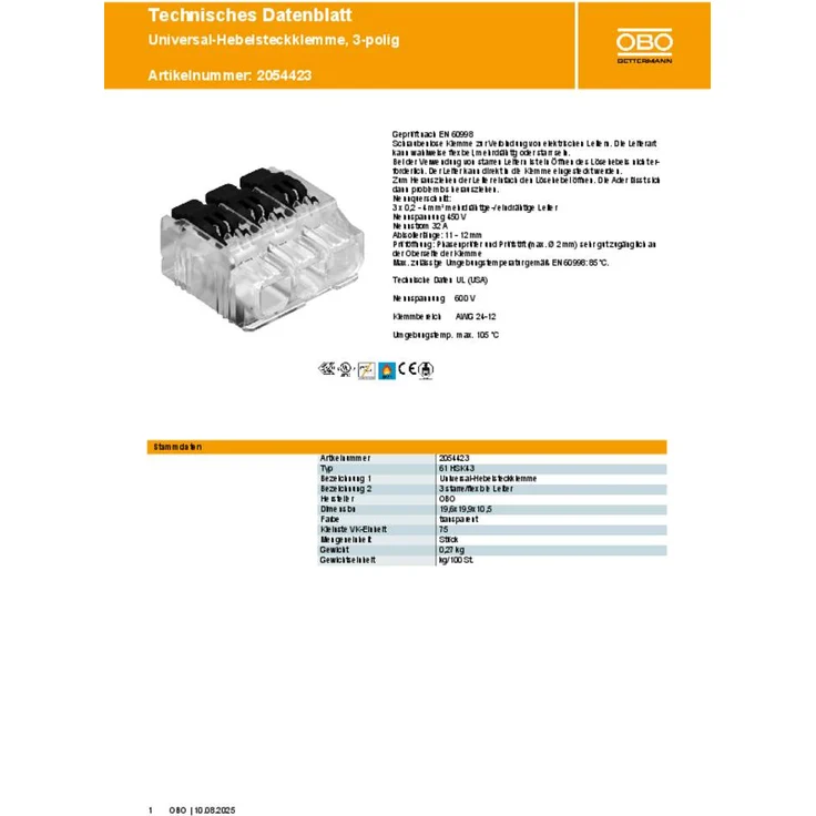 OBO Bettermann Universal-Hebelsteckklemme 61 HSK43, für 3 starre/flexible Leiter