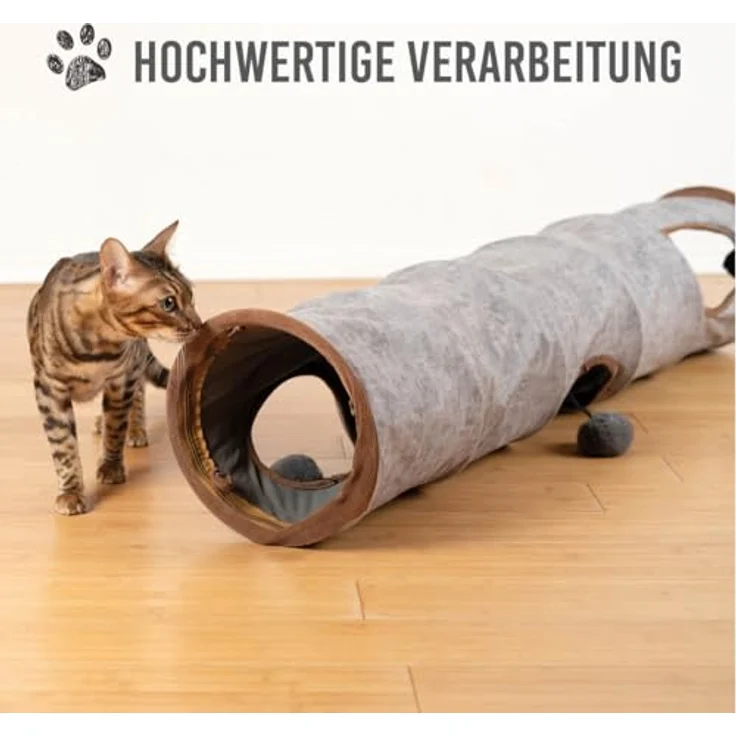 KaraLuna Premium Katzentunnel 120 x 24 cm I 3 Gucklöcher & Spielbälle I Katzen Spieltunnel Faltbar Katzenspielzeug Katzen Tunnel Rascheltunnel Höhle Rolle Cat Tunnel Katze grau Kaninchen XXL – Bild 2