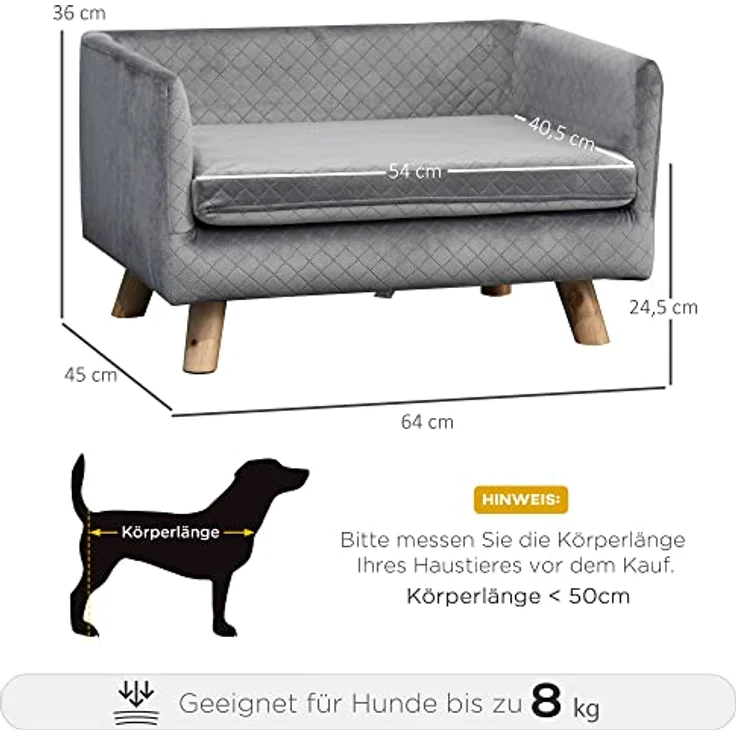 PawHut Hundesofa mit Holzbeinen Hundebett Haustiersofa Hundematte für kleine Hunde bis zu 8 kg Samt-Touch Grau 64 x 45 x 36 cm – Bild 3