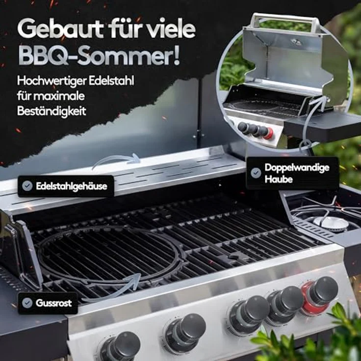 NTG Gasgrill FWGG.1354, 4 + 1 Brenner mit 17 kW Gesamtleistung, LED-Beleuchtung, Seitenkochfeld & Piezo-Zündung, Gusseisen-Grillrost, Edelstahl-BBQ Grillwagen – Bild 2