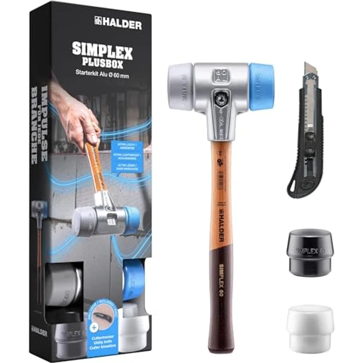 HALDER Simplex-Plusbox Starterkit Alu, Schonhammer D60mm mit TPE-soft/TPE-mid, Aluminiumgehäuse, Gummikomposition und Superplastik Schlageinsätzen plus Cuttermesser – Bild 1