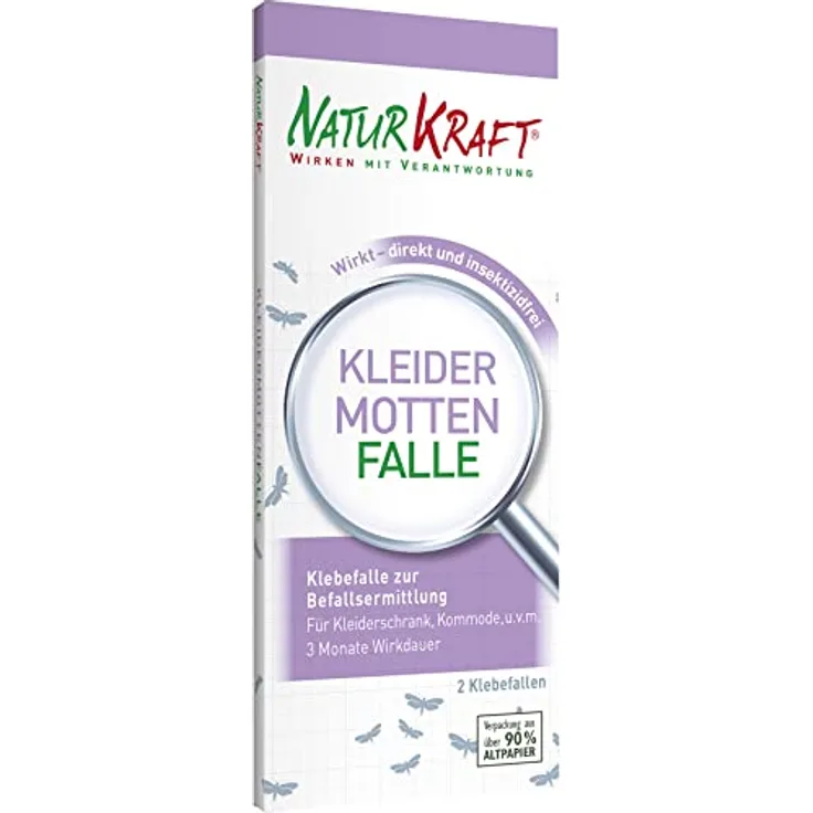 NATURKRAFT - Kleidermotten Falle | Mottenfalle für Schlafzimmer und Kleiderschrank | Motten Klebe-Falle | Unbedenklich für Menschen, Tiere und die Umwelt. | Inhalt: 2 Leimfallen