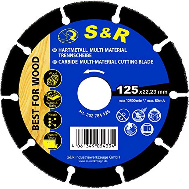 S&R Karbid Hartmetall Trennscheibe 125 x 22,23 mm, Multi-Material für alle Arten von Holz, Holz mit Nägel, Plastik und Gipskarton, besonders hohe Standzeit, für Winkelschleifer – Bild 1