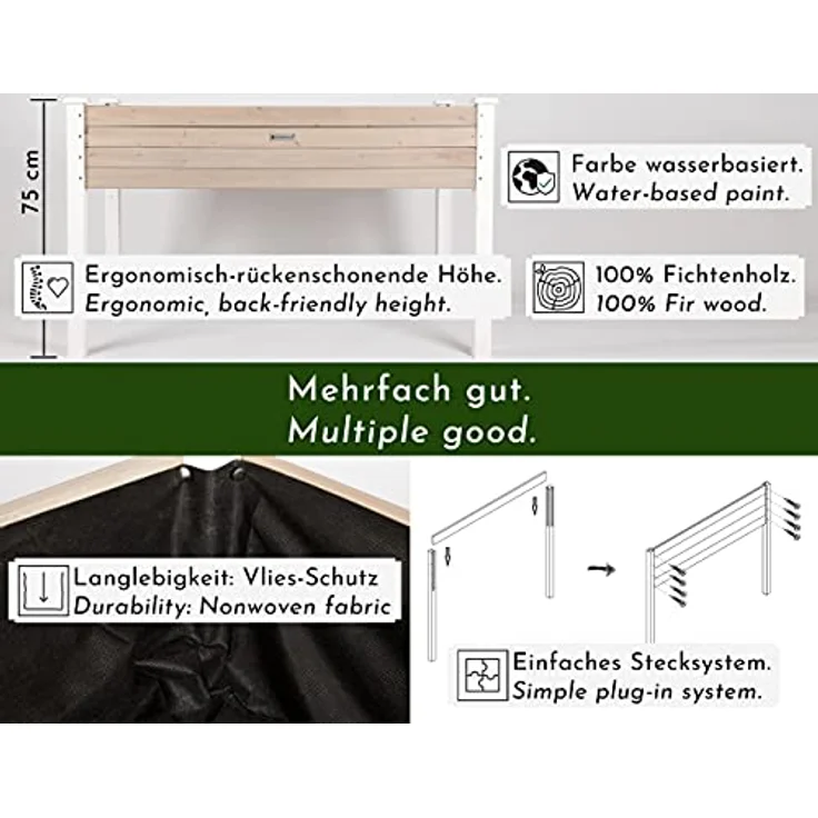 WONDERMAKE® Großes Hochbeet aus Holz für Garten Balkon Terrasse, Pflanzkasten Bausatz XL rechteckig schmal mit Vlies-Folie, Kräuterbeet Pflanzenkasten, 124 x 63 x 75 cm, weiß grau anthrazit – Bild 3