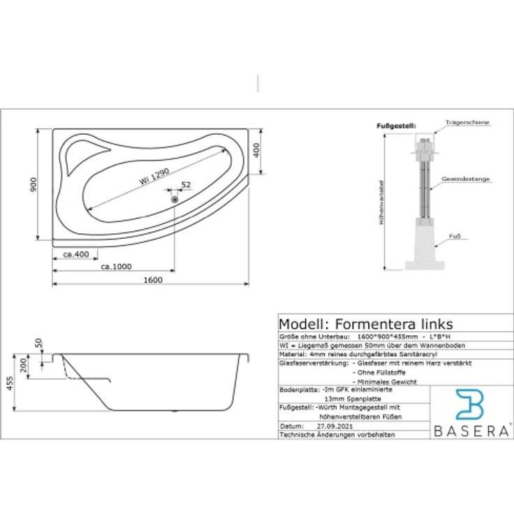 Basera® Whirlpool-Badewanne Formentera Links 160 x 90 cm, LED, 9 Massagedüsen, Komplett-Set, Hochglanz Weiß – Bild 7