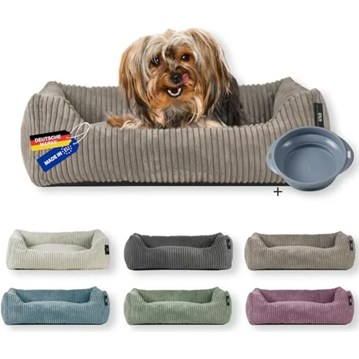 Rohrschneider Hundebett | für kleine Hunde | mit Hundekissen Cord | waschbarer Bezug | inkl. Futternapf (Taupe, 55 x 42 cm)