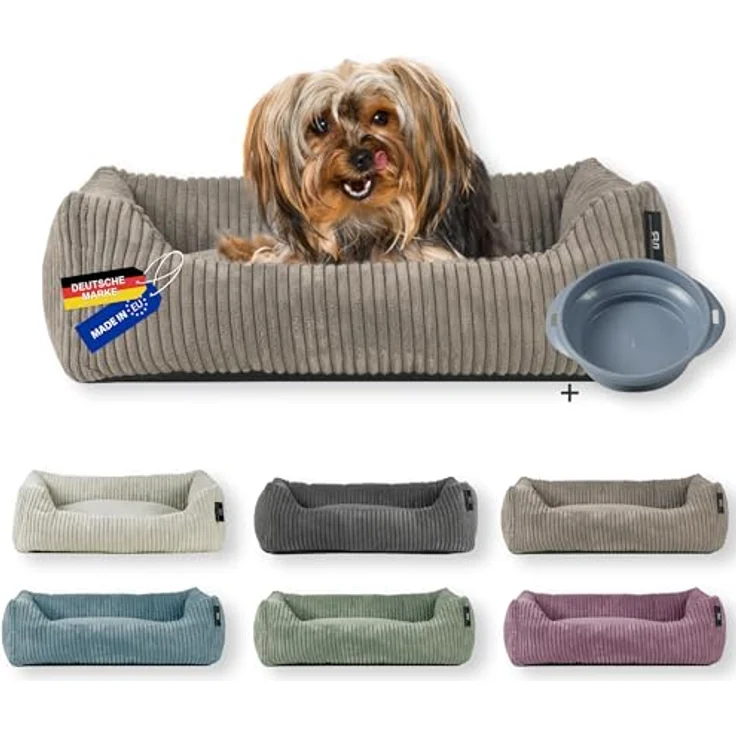 Rohrschneider Hundebett | für kleine Hunde | mit Hundekissen Cord | waschbarer Bezug | inkl. Futternapf (Taupe, 55 x 42 cm) – Bild 1