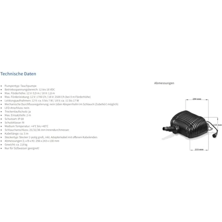 Esotec Solar Ersatzpumpe 2500l/h, leistungsstarke Tauchpumpe mit Trockenlaufschutz und 5 m Anschlussleitung, für Gartenteich und Bachlauf, 12-18V – Bild 8